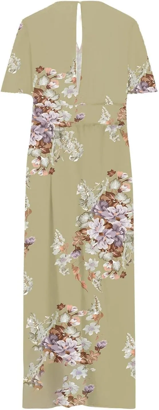Floral Maxi Dresses for Women 2025 Summer Plus Size V Neck Flowy Split Long Dress Casual Baggy Comfy Beach Vacation Sundress