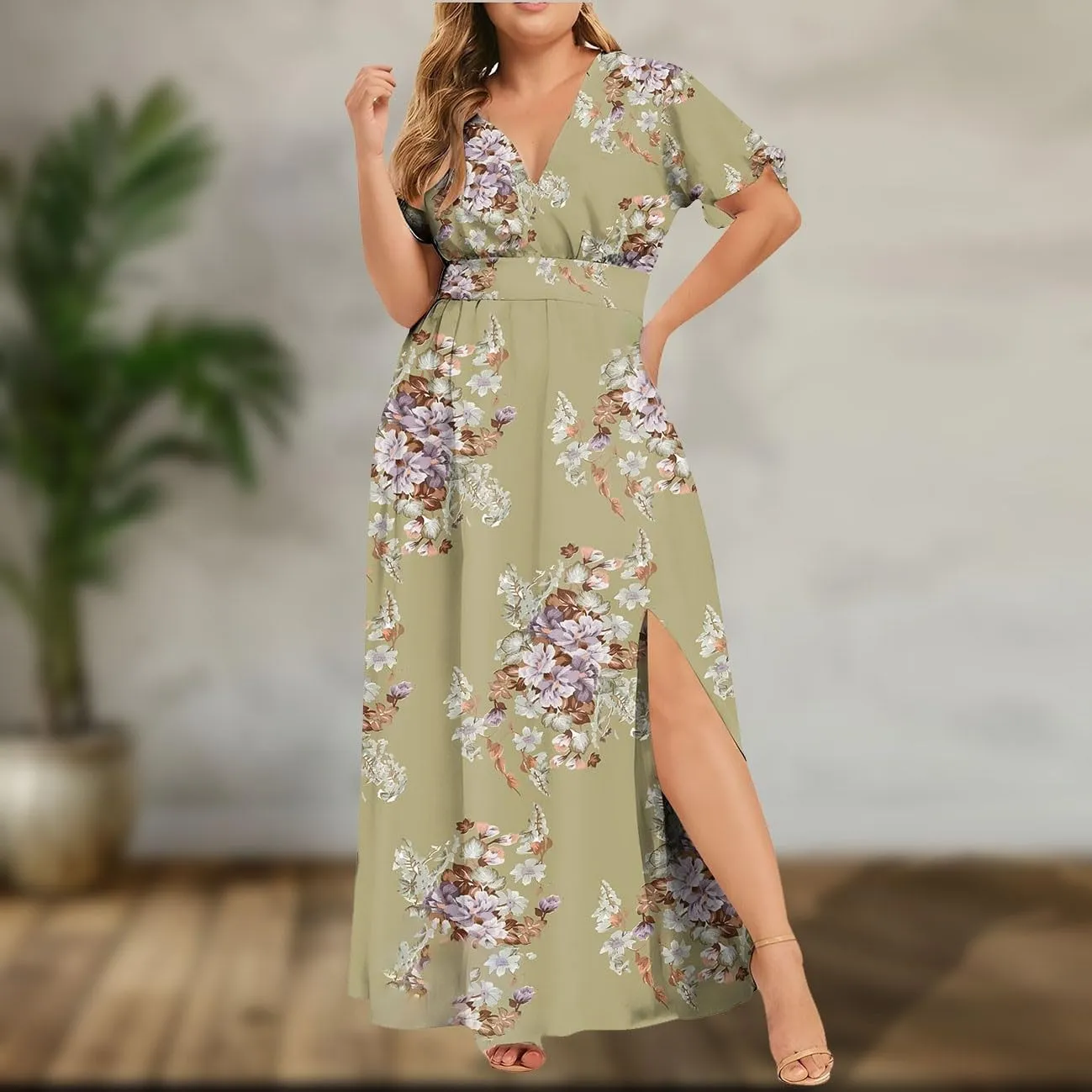 Floral Maxi Dresses for Women 2025 Summer Plus Size V Neck Flowy Split Long Dress Casual Baggy Comfy Beach Vacation Sundress