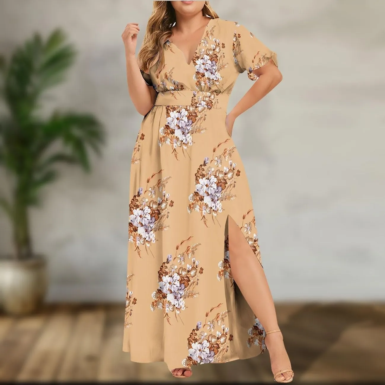 Floral Maxi Dresses for Women 2025 Summer Plus Size V Neck Flowy Split Long Dress Casual Baggy Comfy Beach Vacation Sundress
