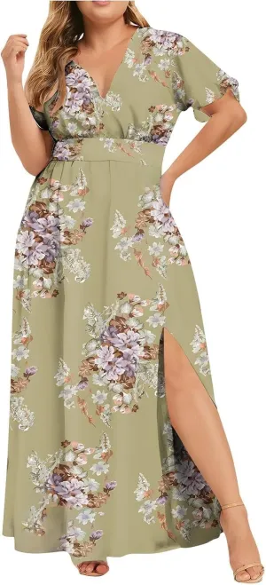 Floral Maxi Dresses for Women 2025 Summer Plus Size V Neck Flowy Split Long Dress Casual Baggy Comfy Beach Vacation Sundress