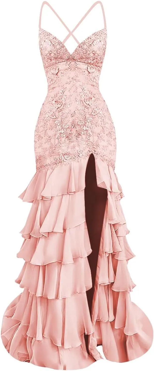 Floral Mermaid Prom Dresses with Slit Ruffle 2025 Sparkly Long Chiffon Backless V-Neck Formal Evening Gown