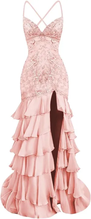 Floral Mermaid Prom Dresses with Slit Ruffle 2025 Sparkly Long Chiffon Backless V-Neck Formal Evening Gown
