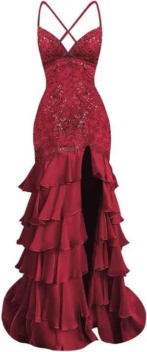 Floral Mermaid Prom Dresses with Slit Ruffle 2025 Sparkly Long Chiffon Backless V-Neck Formal Evening Gown