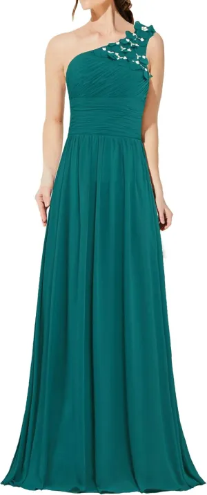 Formal Bead Flowers One Shoulder Prom Dresses Long Evening Gowns