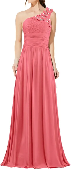 Formal Bead Flowers One Shoulder Prom Dresses Long Evening Gowns