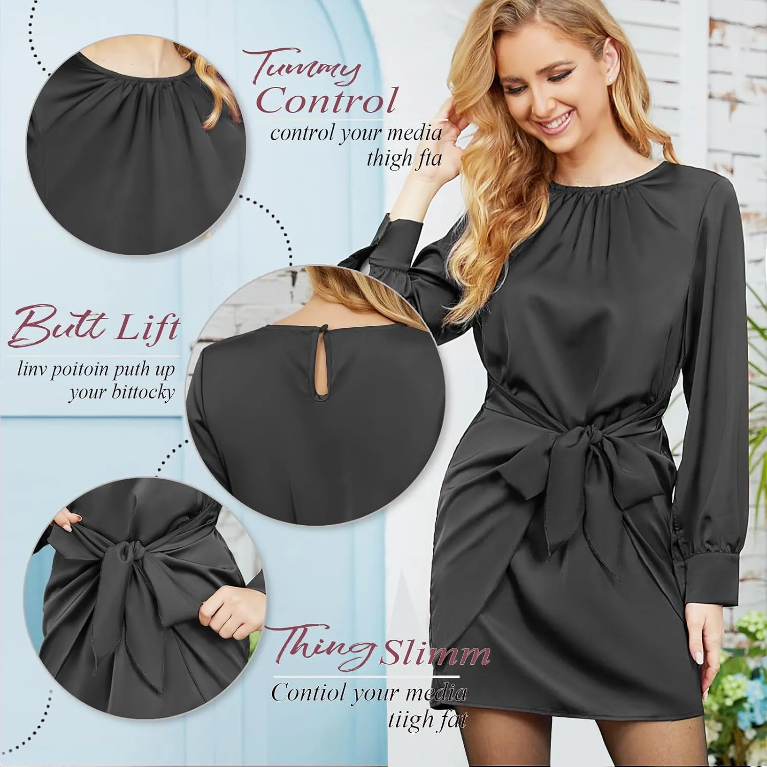 G&Y Women's Satin Tie Waist Mini Dresses - Long Sleeve Solid Party Short Dresses