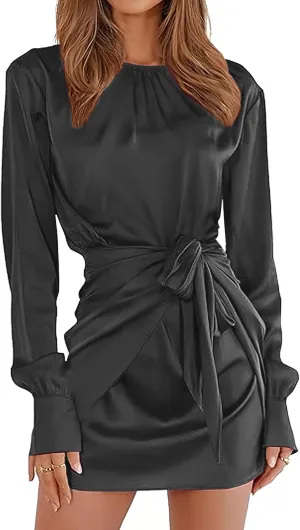 G&Y Women's Satin Tie Waist Mini Dresses - Long Sleeve Solid Party Short Dresses