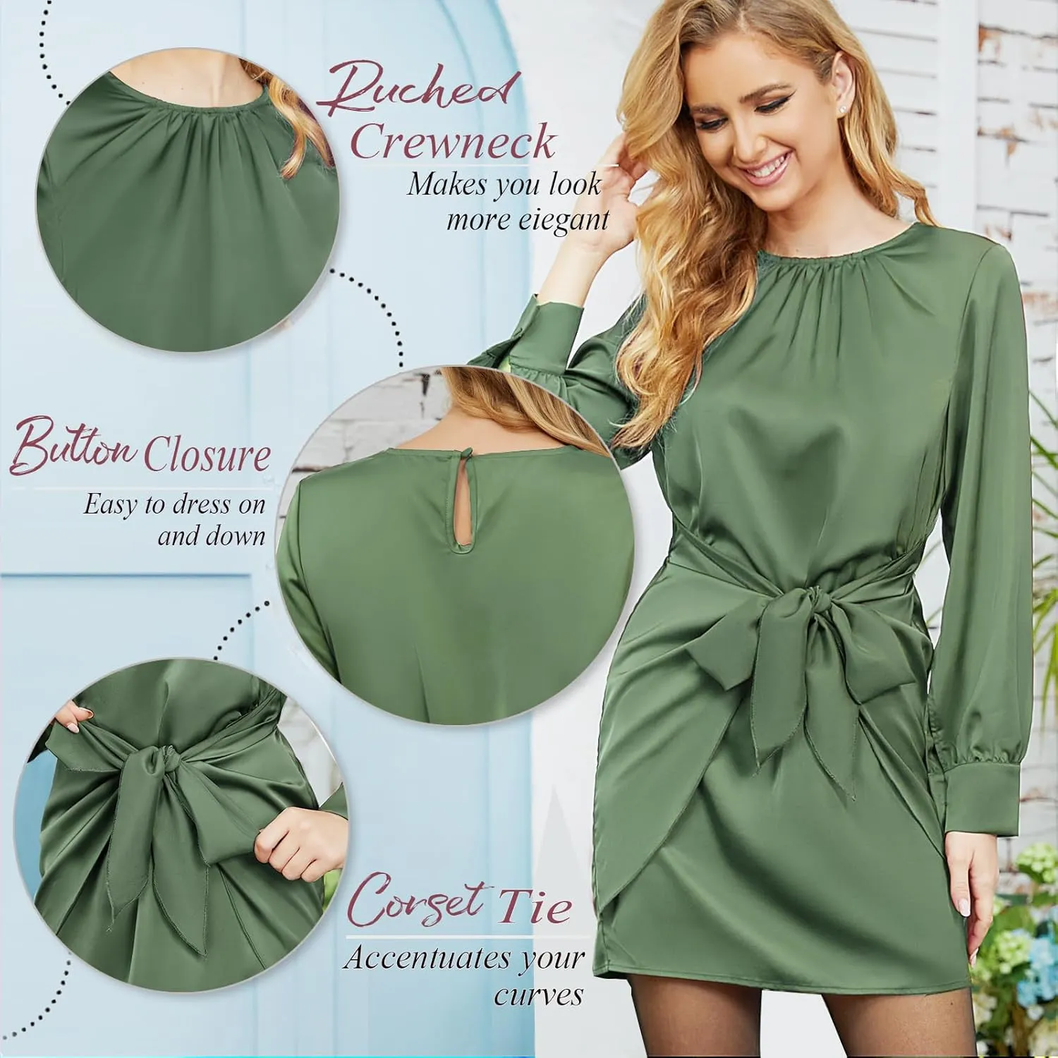 G&Y Women's Satin Tie Waist Mini Dresses - Long Sleeve Solid Party Short Dresses