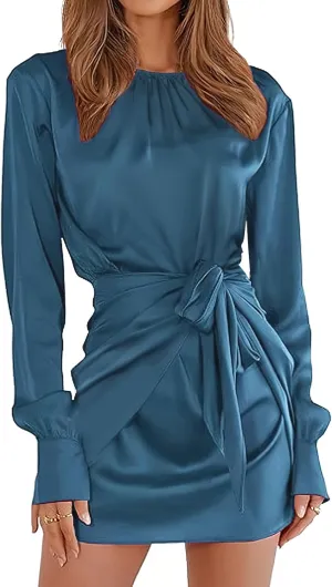 G&Y Women's Satin Tie Waist Mini Dresses - Long Sleeve Solid Party Short Dresses
