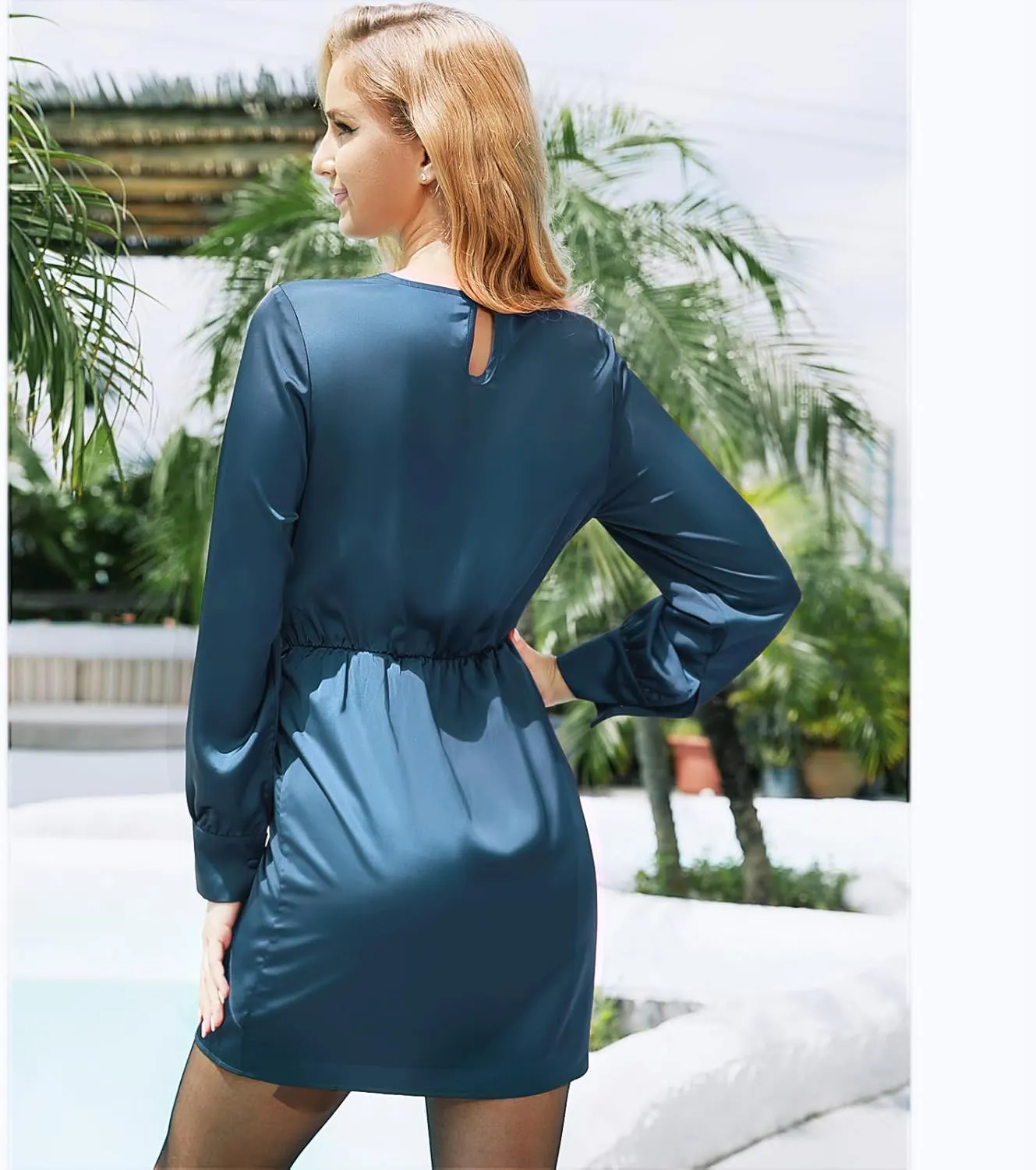 G&Y Women's Satin Tie Waist Mini Dresses - Long Sleeve Solid Party Short Dresses