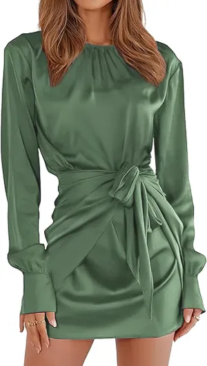 G&Y Women's Satin Tie Waist Mini Dresses - Long Sleeve Solid Party Short Dresses