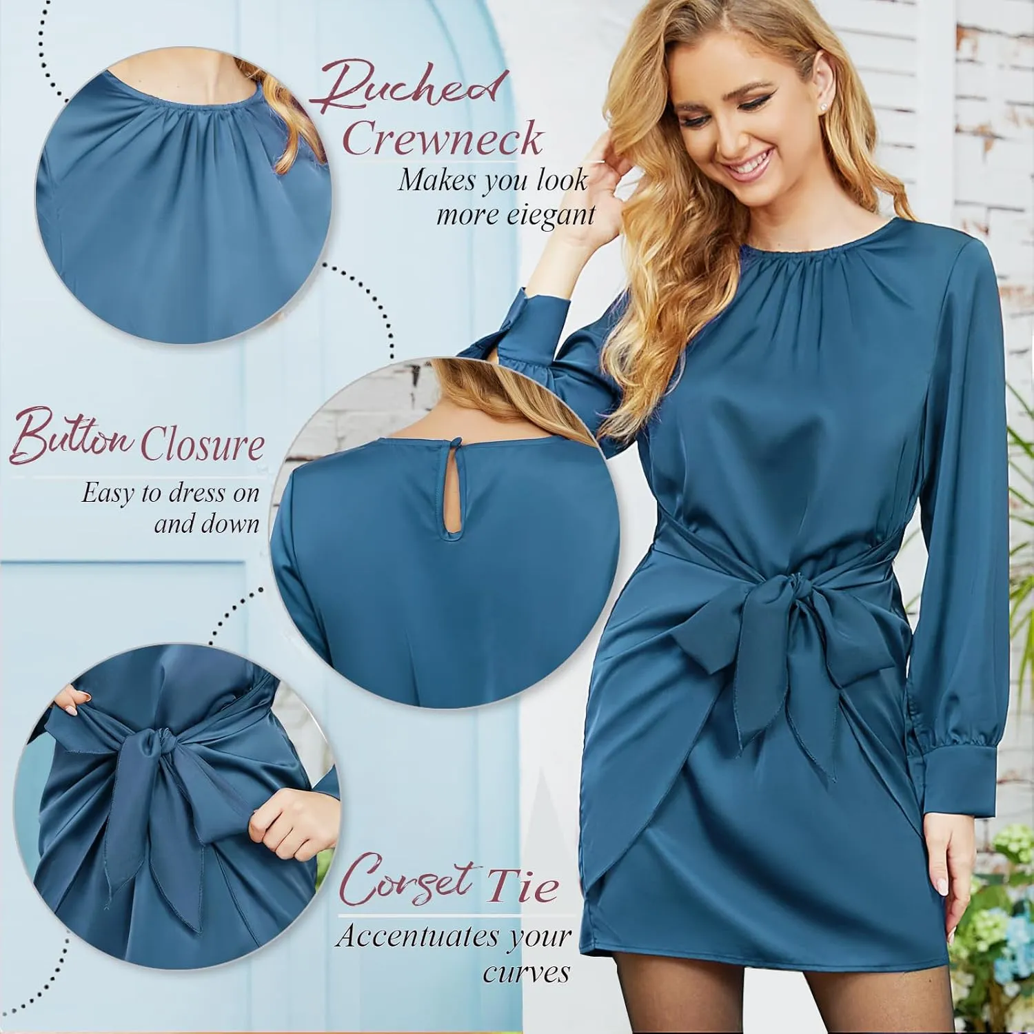 G&Y Women's Satin Tie Waist Mini Dresses - Long Sleeve Solid Party Short Dresses
