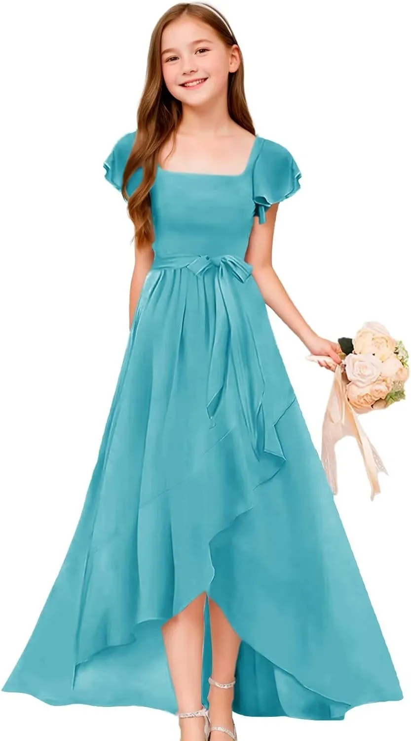GATMAHE Chiffon Junior Bridesmaid Dresses for Girls Ruffle Sleeve V Neck A Line Flower Girls Dress