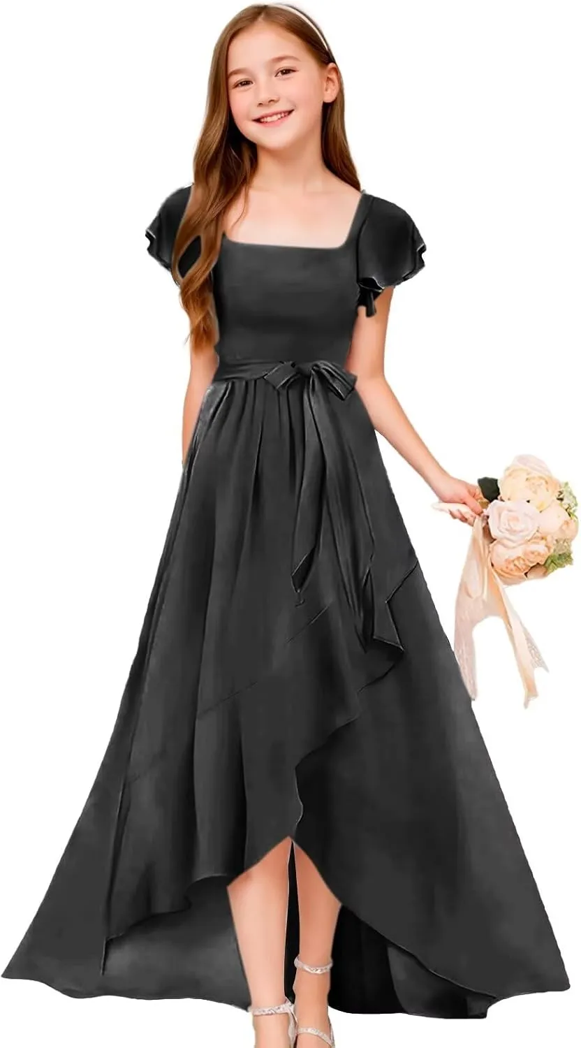 GATMAHE Chiffon Junior Bridesmaid Dresses for Girls Ruffle Sleeve V Neck A Line Flower Girls Dress