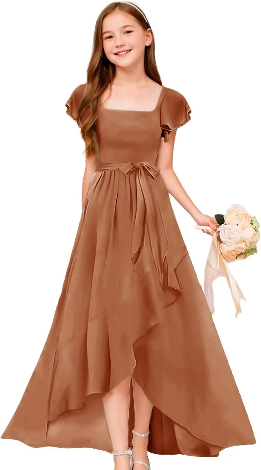 GATMAHE Chiffon Junior Bridesmaid Dresses for Girls Ruffle Sleeve V Neck A Line Flower Girls Dress