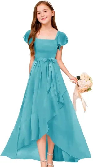 GATMAHE Chiffon Junior Bridesmaid Dresses for Girls Ruffle Sleeve V Neck A Line Flower Girls Dress