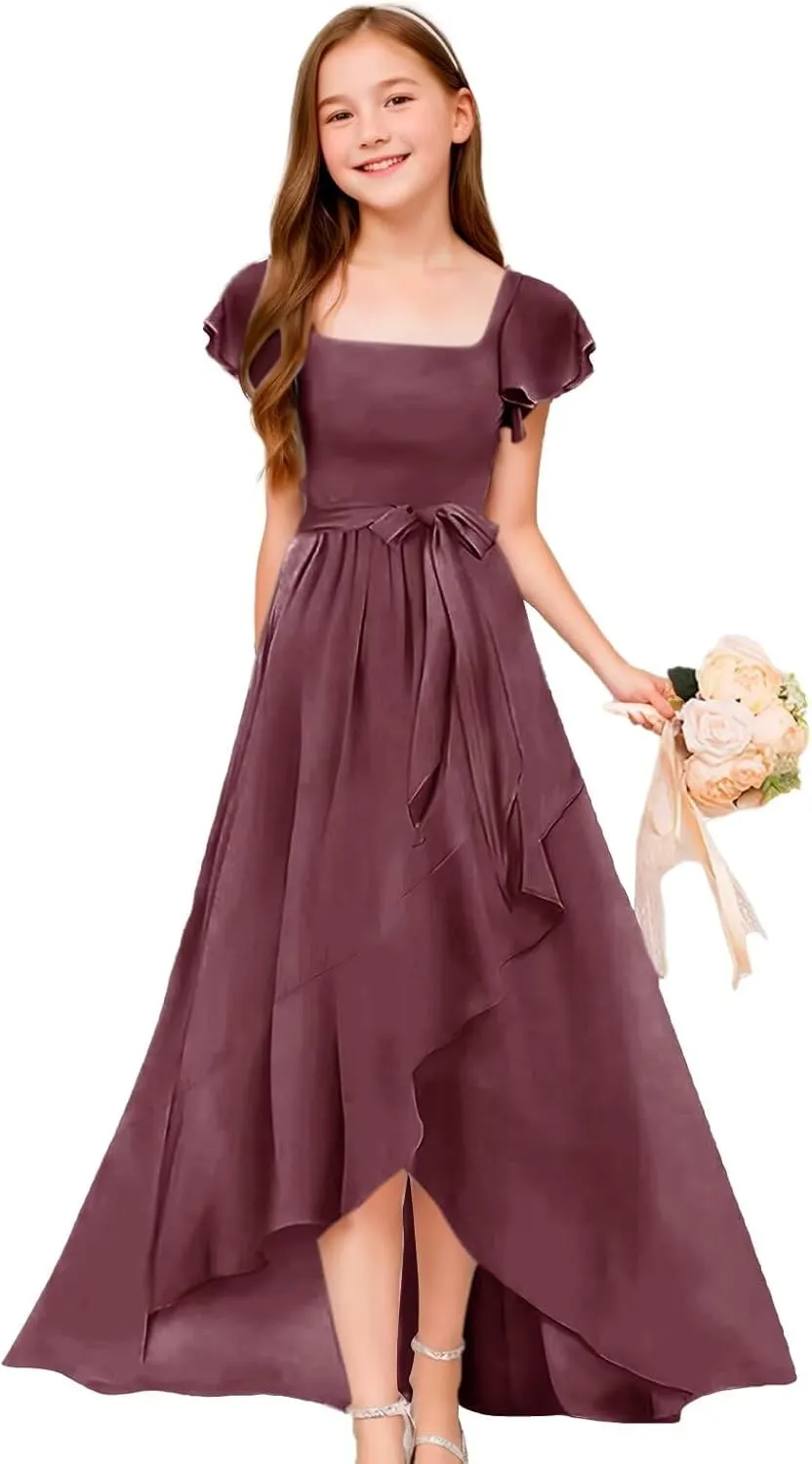 GATMAHE Chiffon Junior Bridesmaid Dresses for Girls Ruffle Sleeve V Neck A Line Flower Girls Dress