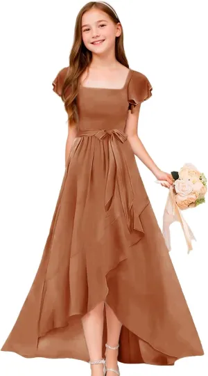GATMAHE Chiffon Junior Bridesmaid Dresses for Girls Ruffle Sleeve V Neck A Line Flower Girls Dress