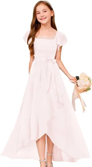 GATMAHE Chiffon Junior Bridesmaid Dresses for Girls Ruffle Sleeve V Neck A Line Flower Girls Dress