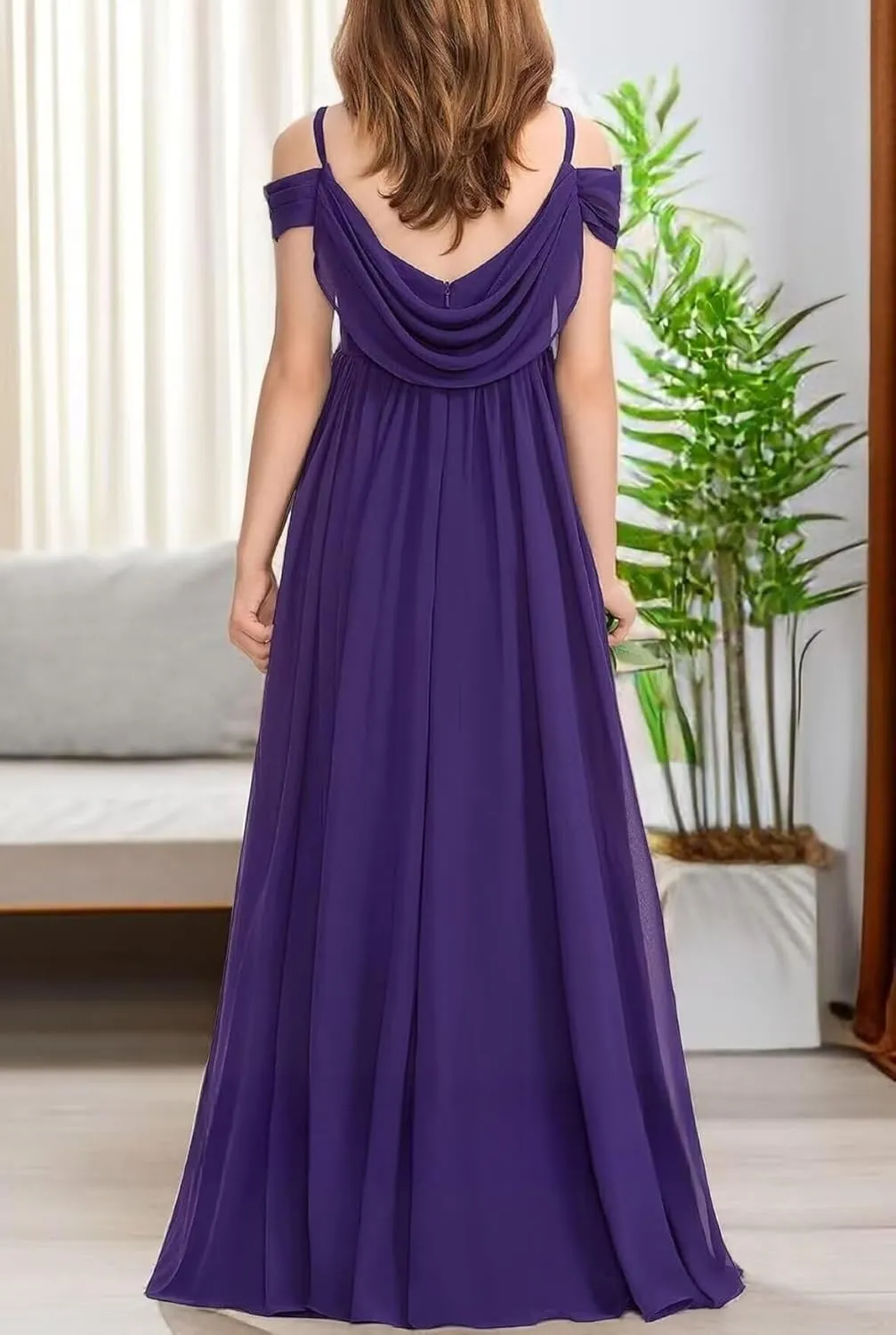 GATMAHE Chiffon Junior Bridesmaid Dresses for Wedding Teen Girls Ruffle Spaghetti Strap Long Formal Prom Dress