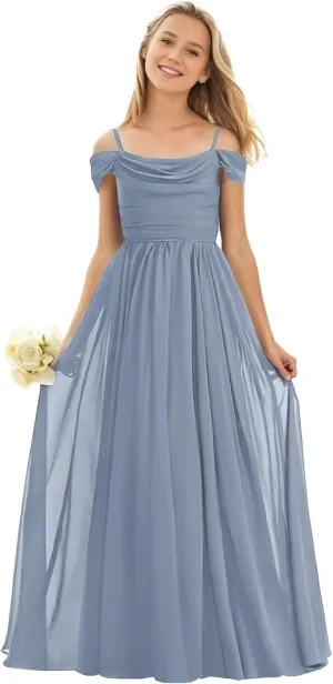 GATMAHE Chiffon Junior Bridesmaid Dresses for Wedding Teen Girls Ruffle Spaghetti Strap Long Formal Prom Dress