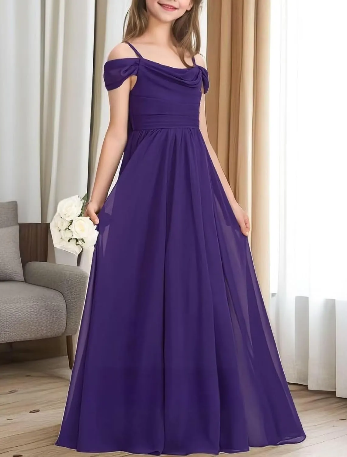 GATMAHE Chiffon Junior Bridesmaid Dresses for Wedding Teen Girls Ruffle Spaghetti Strap Long Formal Prom Dress