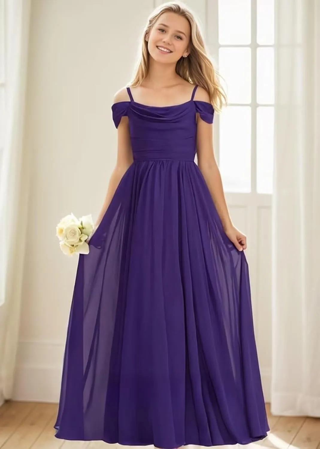 GATMAHE Chiffon Junior Bridesmaid Dresses for Wedding Teen Girls Ruffle Spaghetti Strap Long Formal Prom Dress