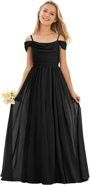 GATMAHE Chiffon Junior Bridesmaid Dresses for Wedding Teen Girls Ruffle Spaghetti Strap Long Formal Prom Dress
