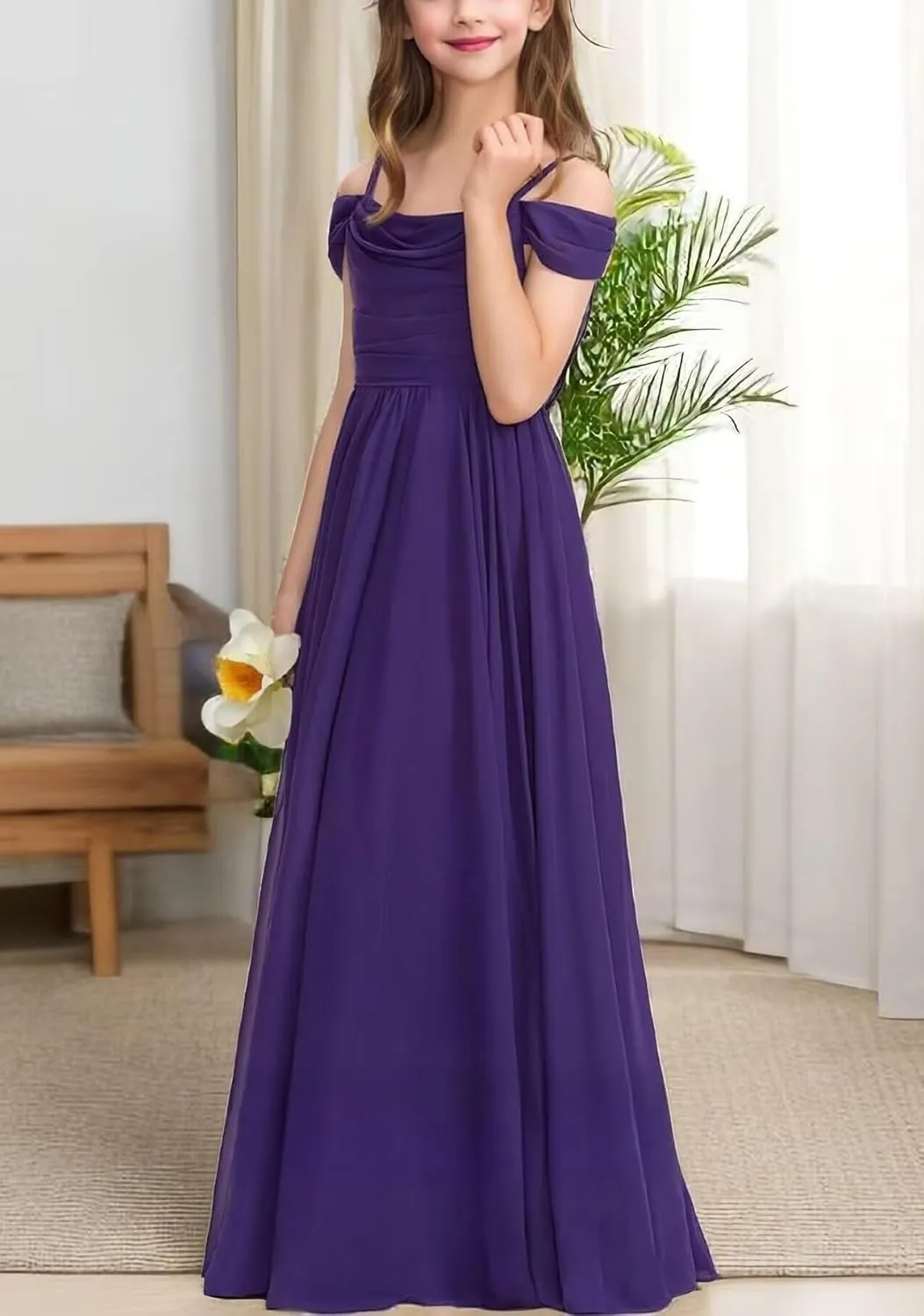 GATMAHE Chiffon Junior Bridesmaid Dresses for Wedding Teen Girls Ruffle Spaghetti Strap Long Formal Prom Dress