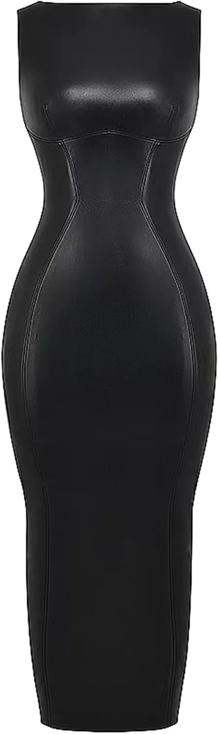 GOOHO Women's Faux PU Leather Bodycon Maxi Dress Sexy Boatneck Tank Long Dresses