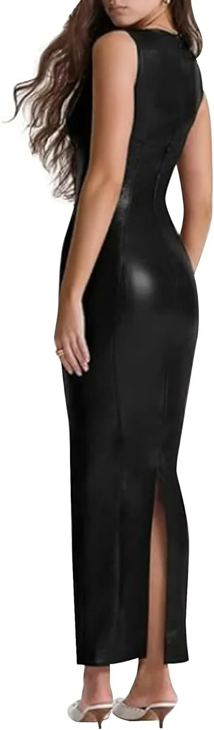 GOOHO Women's Faux PU Leather Bodycon Maxi Dress Sexy Boatneck Tank Long Dresses
