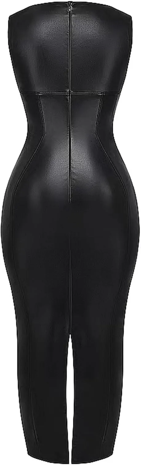GOOHO Women's Faux PU Leather Bodycon Maxi Dress Sexy Boatneck Tank Long Dresses