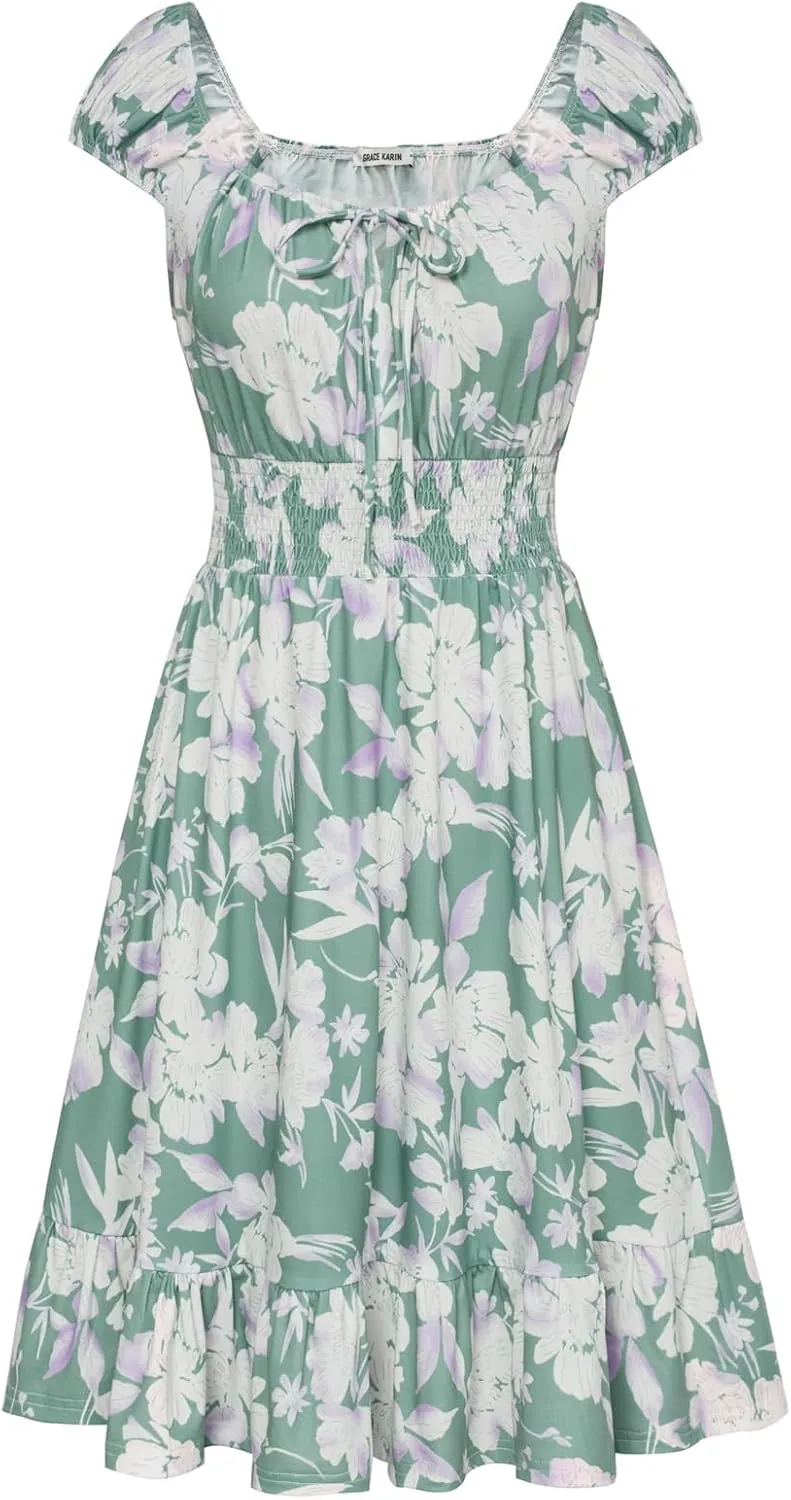 GRACE KARIN Women's Floral Dress 2024 Summer Cap Sleeve Smocked Flowy A Line Short Dress Boho Flared Swing Mini Dresses