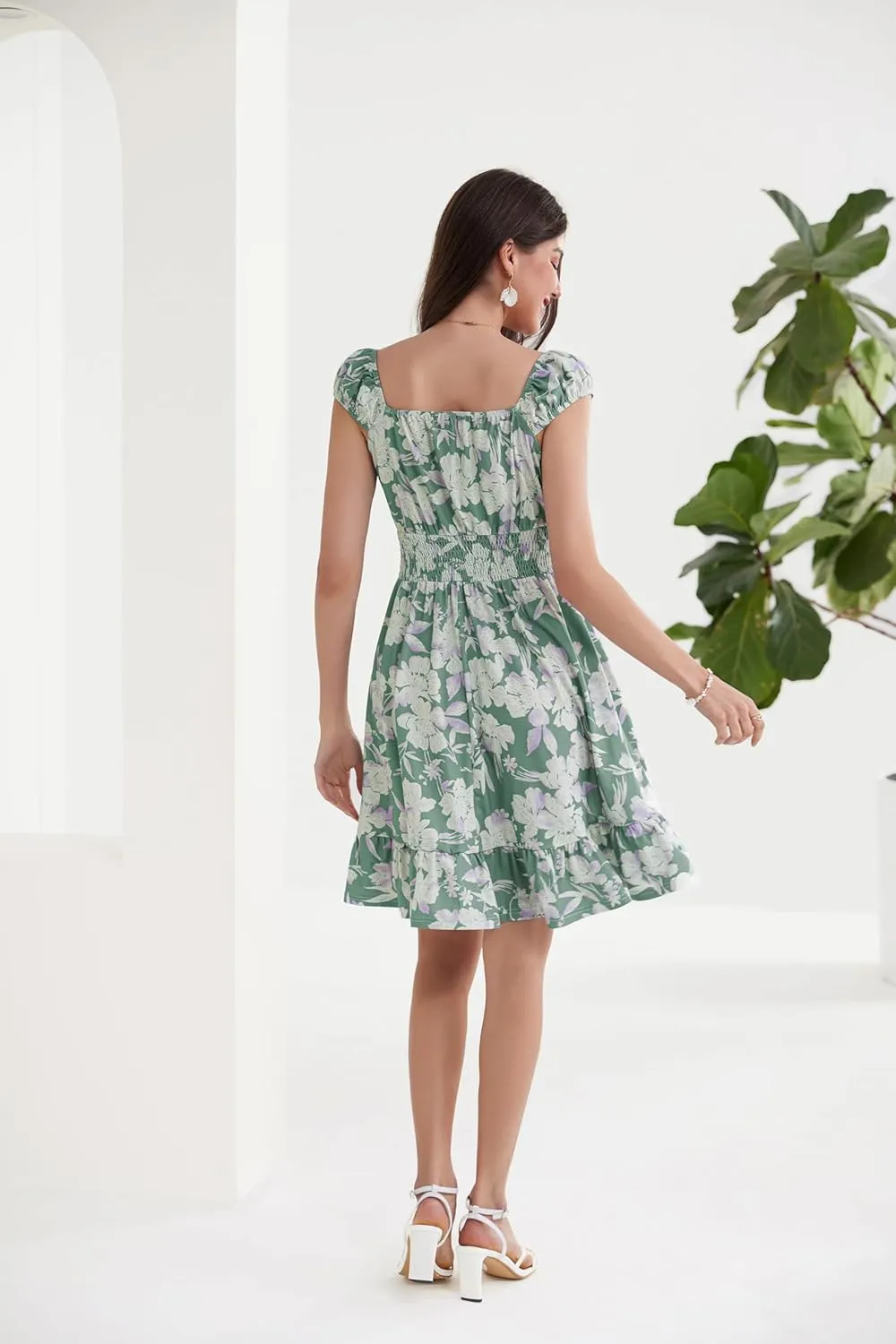 GRACE KARIN Women's Floral Dress 2024 Summer Cap Sleeve Smocked Flowy A Line Short Dress Boho Flared Swing Mini Dresses