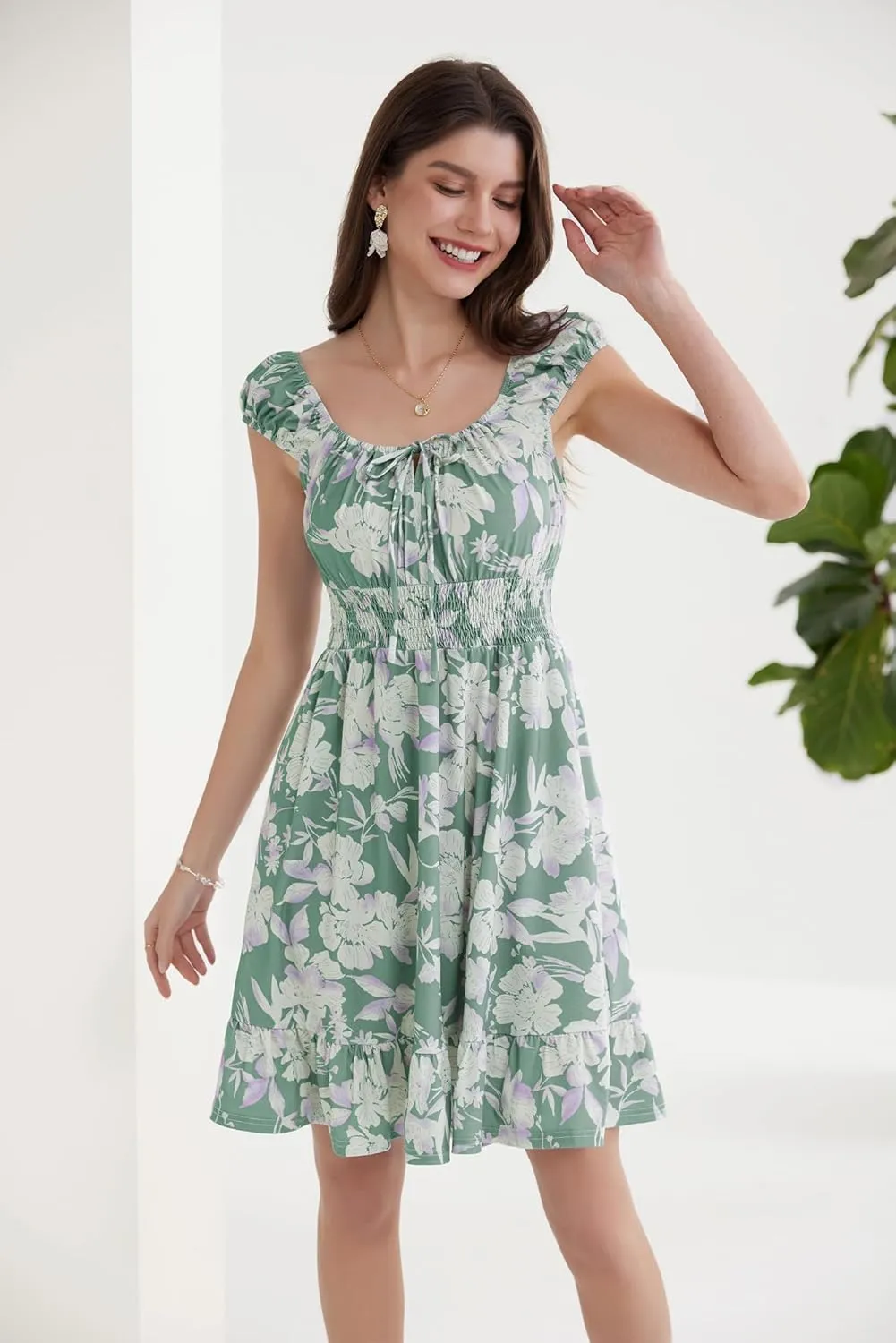 GRACE KARIN Women's Floral Dress 2024 Summer Cap Sleeve Smocked Flowy A Line Short Dress Boho Flared Swing Mini Dresses