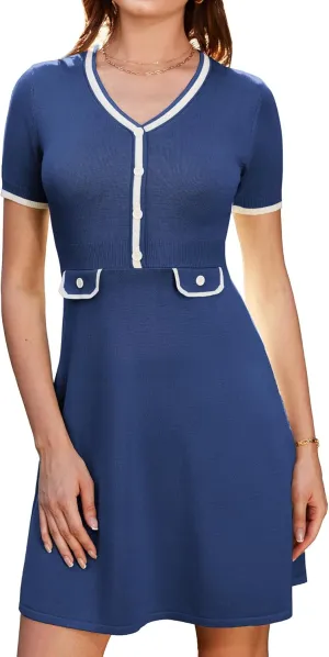 GRACE KARIN Women's Summer Short Sleeve Mini Dress 2025 Causual V Neck A Line Color Block Button Knit Sweater Short Dresses