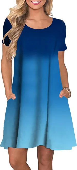 GRASWE Womens Summer Solid Pockets Dresses Round Neck Short Sleeve Knee Length Sundresses