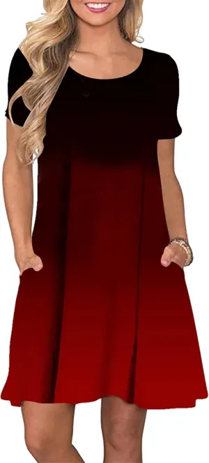 GRASWE Womens Summer Solid Pockets Dresses Round Neck Short Sleeve Knee Length Sundresses