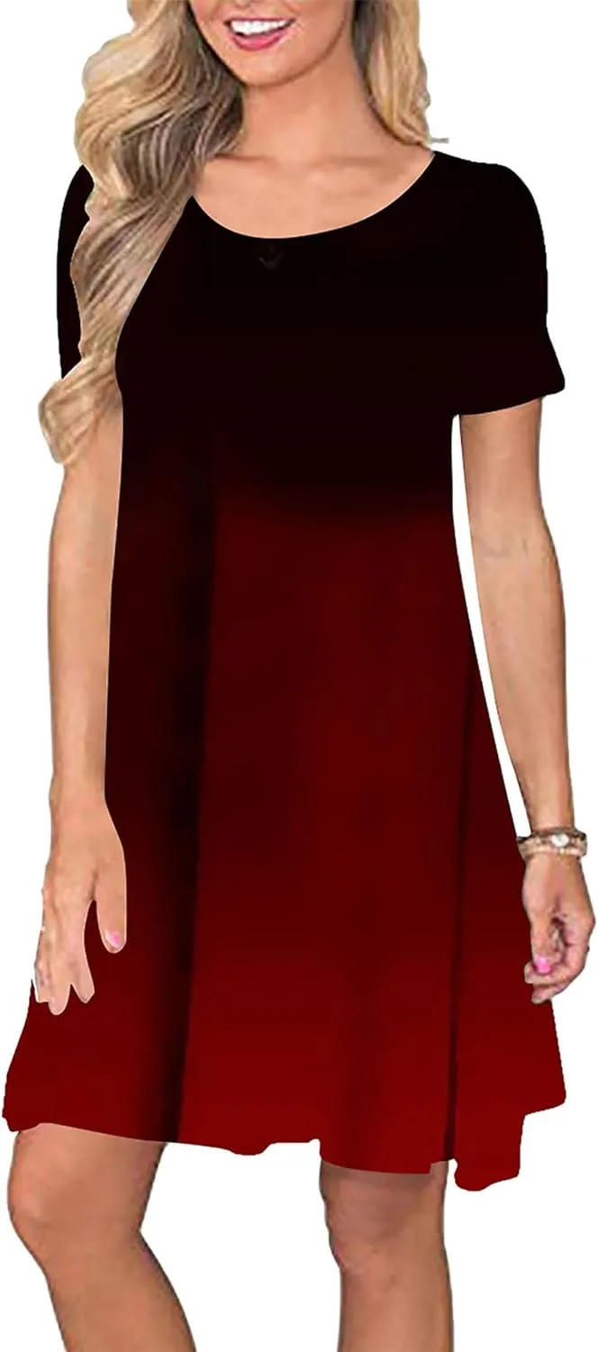 GRASWE Womens Summer Solid Pockets Dresses Round Neck Short Sleeve Knee Length Sundresses