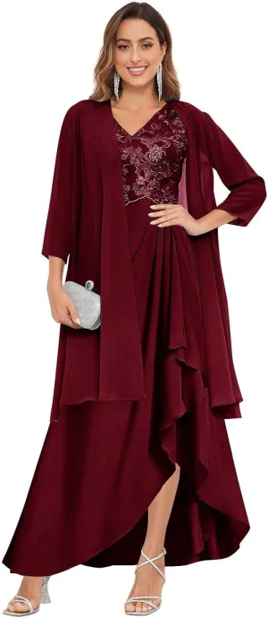 GUKARLEED 2 Pieces Mother of The Bride Dresses with Jacket for Wedding 3/4 Sleeve High Low Lace Applique Formal Evening Gown