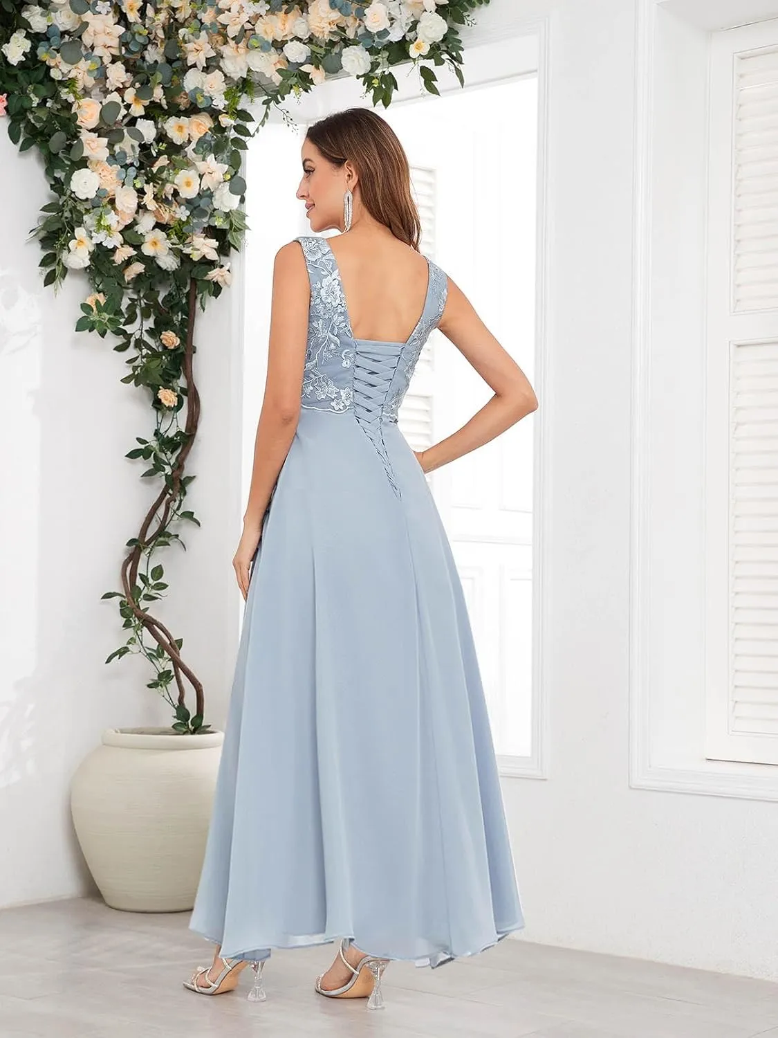 GUKARLEED 2 Pieces Mother of The Bride Dresses with Jacket for Wedding 3/4 Sleeve High Low Lace Applique Formal Evening Gown