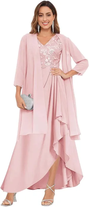 GUKARLEED 2 Pieces Mother of The Bride Dresses with Jacket for Wedding 3/4 Sleeve High Low Lace Applique Formal Evening Gown