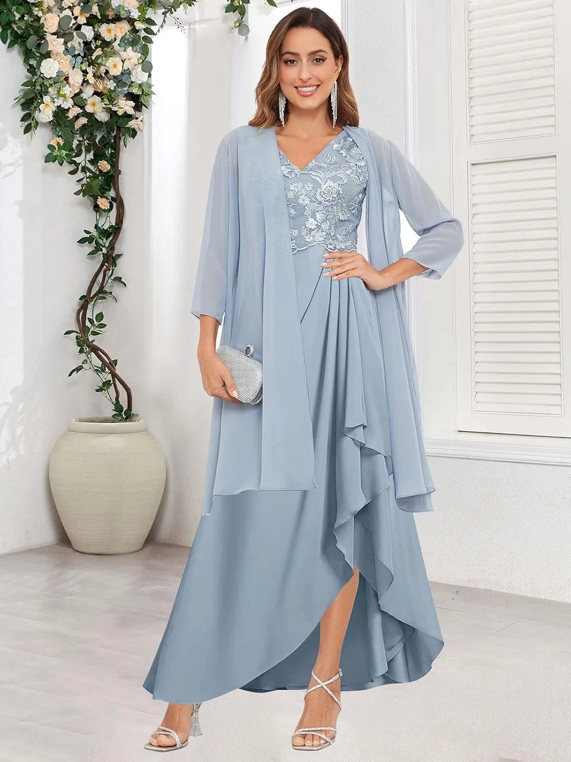 GUKARLEED 2 Pieces Mother of The Bride Dresses with Jacket for Wedding 3/4 Sleeve High Low Lace Applique Formal Evening Gown