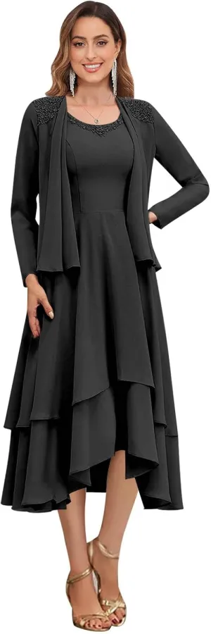 GUKARLEED Women's Long Sleeve Mother of The Bride Dresses with Jacket Lace Appliques Tiered V Neck Formal Wedding Guest Dress