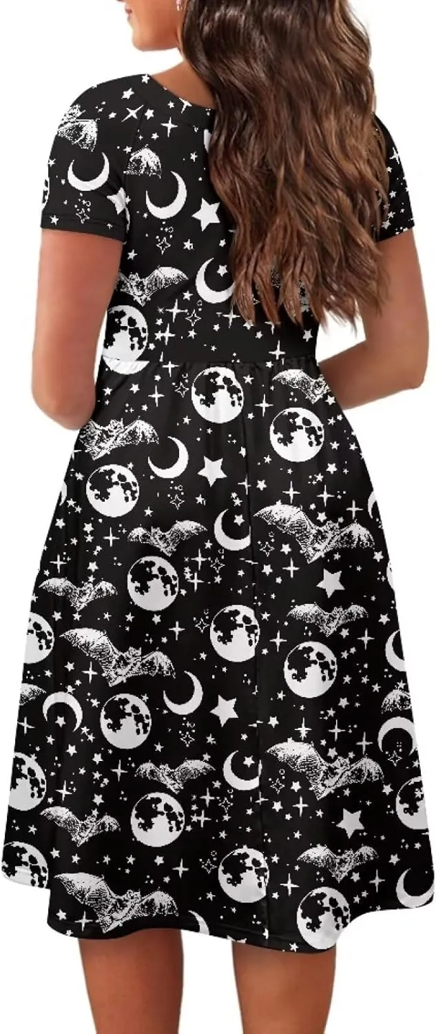 Halloween Flowy Knee Length Dress for Women Scoop Neck Short Sleeve Midi Dress Size XS-4XL