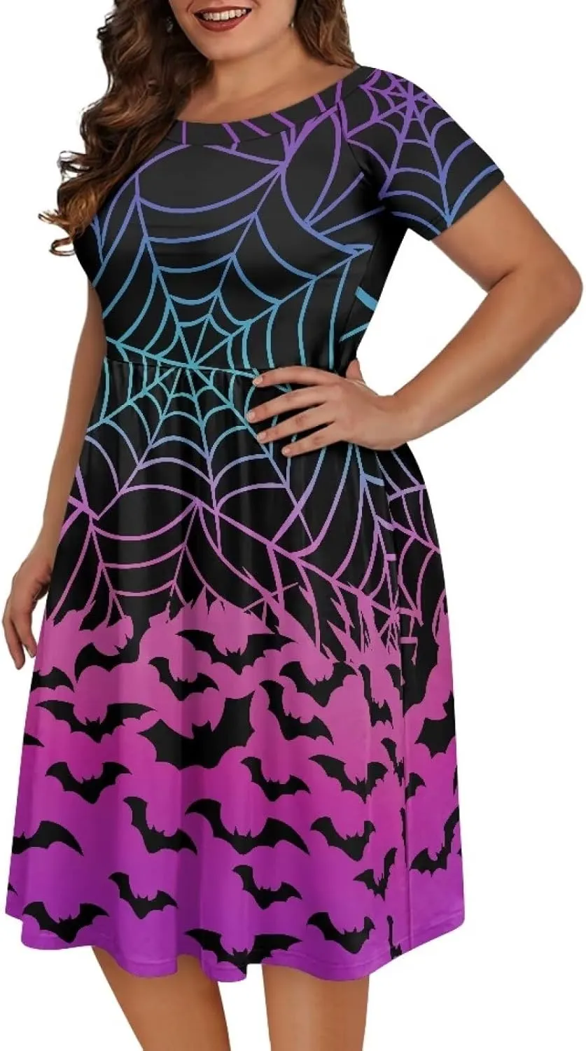 Halloween Flowy Knee Length Dress for Women Scoop Neck Short Sleeve Midi Dress Size XS-4XL
