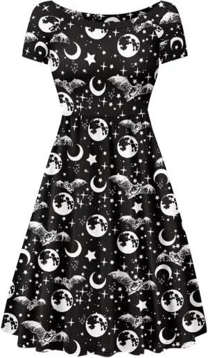 Halloween Flowy Knee Length Dress for Women Scoop Neck Short Sleeve Midi Dress Size XS-4XL