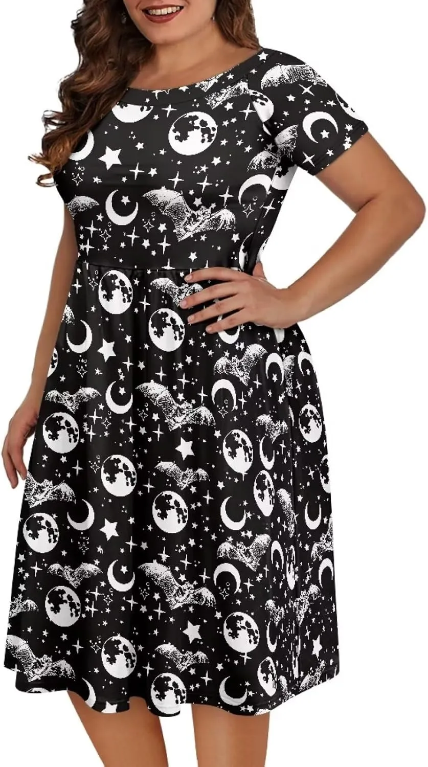 Halloween Flowy Knee Length Dress for Women Scoop Neck Short Sleeve Midi Dress Size XS-4XL