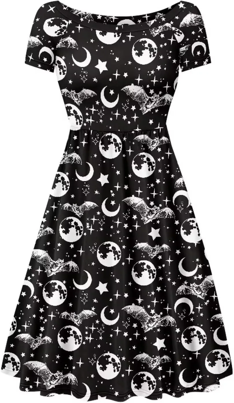 Halloween Flowy Knee Length Dress for Women Scoop Neck Short Sleeve Midi Dress Size XS-4XL