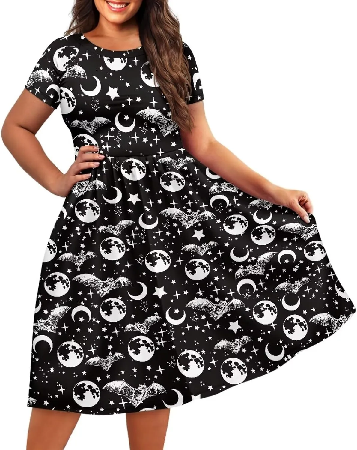 Halloween Flowy Knee Length Dress for Women Scoop Neck Short Sleeve Midi Dress Size XS-4XL